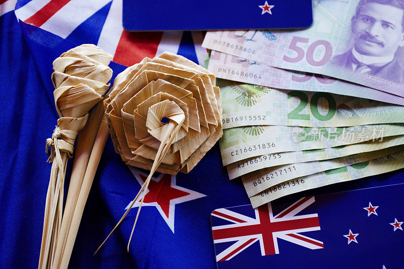 新西兰货币(NZD);美元和硬币与Kiwiana Putiputi花